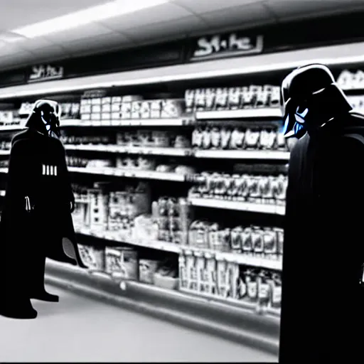 Prompt: security camera footage of darth vader shopping in an convenience store, filmic, cinematographic