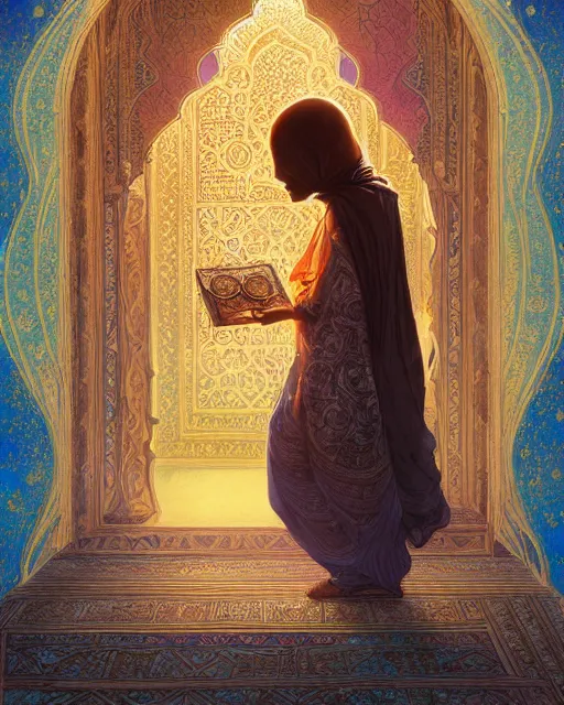 Image similar to a faceless bedouin child infront of a big open quran highly detailed, gold filigree, romantic storybook fantasy, soft cinematic lighting, award, disney concept art watercolor illustration by mandy jurgens and alphonse mucha and alena aenami, pastel color palette, featured on artstation