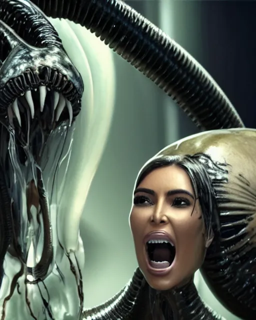 Image similar to movie still of kim kardashian being mouth fed by an xenomorph slathered in a transparent alien liquid, wet flowing hair, gooey skin, illustration, unreal engine 5, 8 k, directed by h. r. giger.