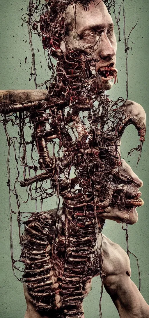 Prompt: disturbing artwork of mark zuckberg being consumed into collection of pipes and wires, body horror, dark, 4K, weird, bizarre, scary