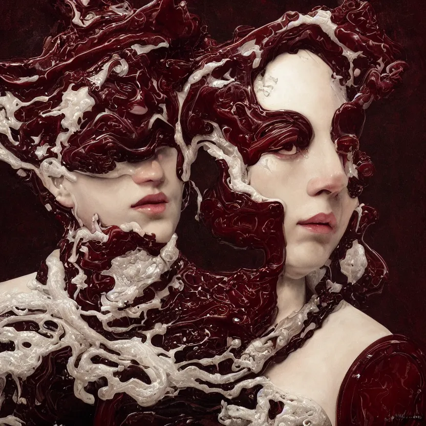 Image similar to a dark baroque close - up portrait of a deep maroon and white porcelain being made out of white liquid sci - fi vitrified translucent ceramic marble ; china. reflective detailed textures. gloomy black background. highly detailed fantasy science fiction painting by moebius, norman rockwell, frank frazetta, and syd mead. rich colors, high contrast. artstation