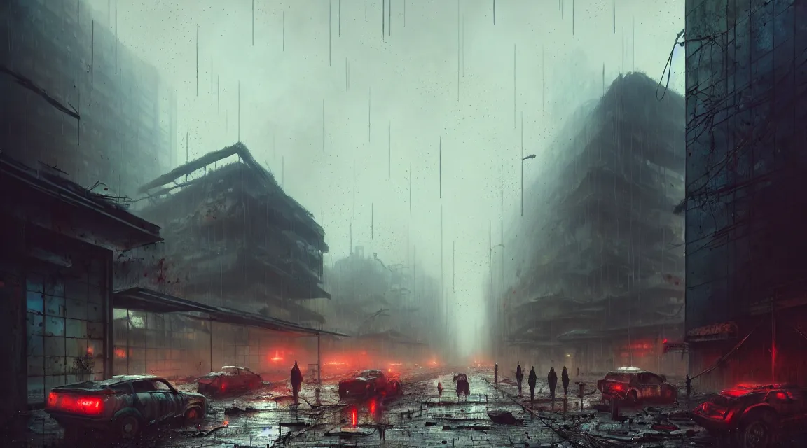 Prompt: post apocalyptic city building, raining, building, avenue, modern contemporary urban americana concrete architecture, paved roads, by greg rutkowski trending on artstation, photorealistic, neon ambiance, ultra detailed, high definition, depth of field, bokeh, wild vegetation, blood stains, crumbling, post - apocalyptic warriors