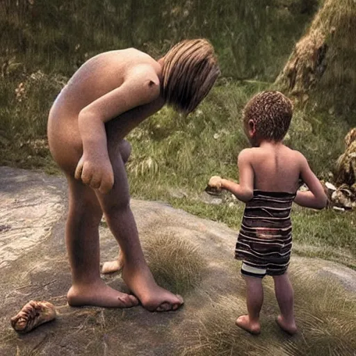 Image similar to “ kids in stone age looking for food, realistic ”