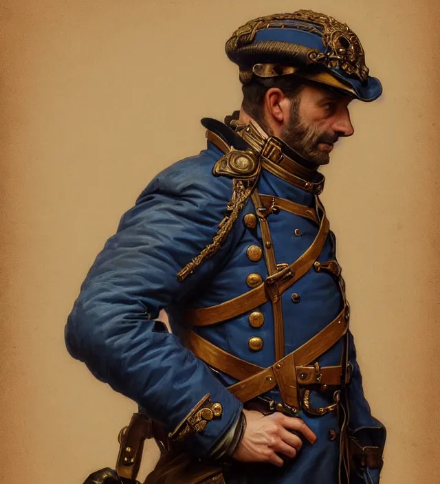 Image similar to portrait of a french man wearing a blue traditional nineteenth century military jacket, metal shoulder pauldrons, intricate, highly detailed, digital painting, artstation, concept art, sharp focus, cinematic lighting, illustration, art by artgerm and greg rutkowski, alphonse mucha, cgsociety