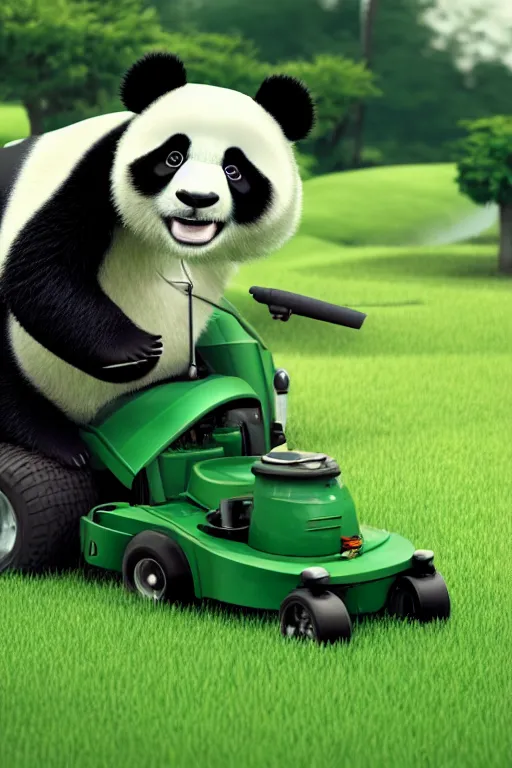 Image similar to a panda driving a lawn mower mowing his lawn, suburban garden, cgsociety and beeple highly detailed, cinematic lighting, illustration, art, octane render, unreal engine lumen, very coherent. cinematic, hyper realism, high detail, octane render, 8 k