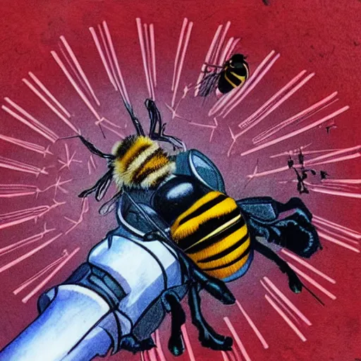 Prompt: a fierce dead bumblebee in the middle of the crosshairs of a gun, fantasy illustration, tarot