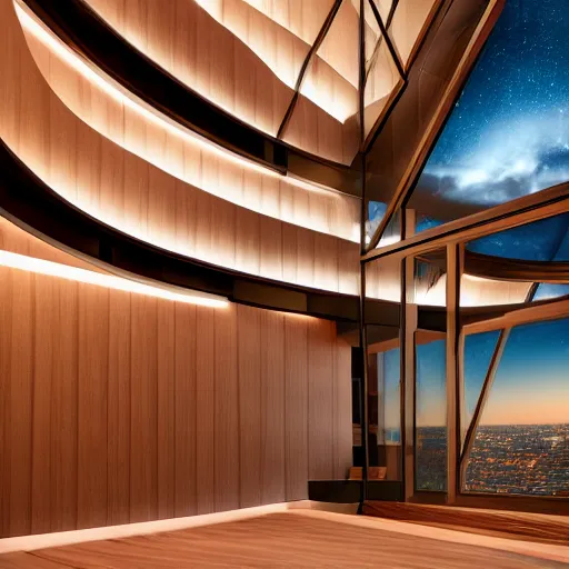 Image similar to wood room with a view of a nebula, modern architecture, cinematic, high quality, 8k