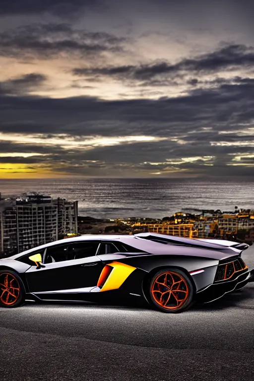 Prompt: Photo of a Lamborghini Aventador, Bondi Beach in the background, high resolution, award winning, highly detailed, night, volumetric lighting, 35mm lens.