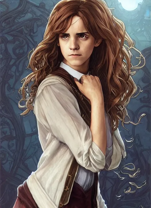 Prompt: hermione! granger! at hogwarts!!!!! by emma watson. beautiful! detailed! face!. by artgerm and greg rutkowski and alphonse mucha