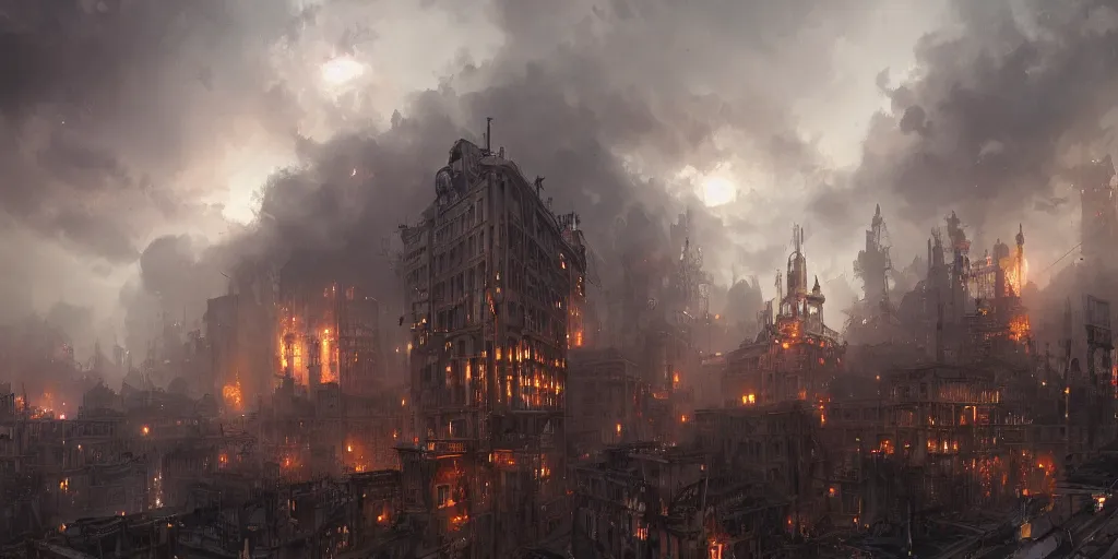 Prompt: Steampunk city surrounded by smoke, dark clouds above, lightning flashing, hyper detailed, 4k, by Greg Rutkowski, trending on artstation
