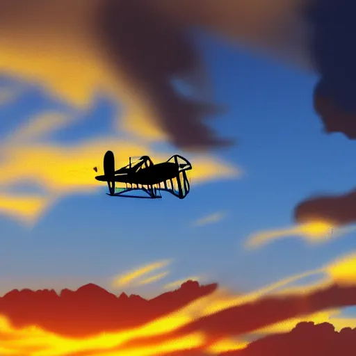 Image similar to the silhouette of a biplane flying through golden clouds at sunset, digital art, detailed, 4 k, artstation