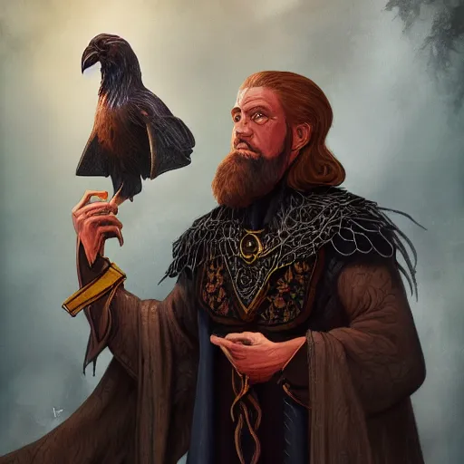 Image similar to Meneldas the Magnificent, a proud wizard with a raven familiar, 8k resolution, full-length portrait, digital painting, fantasy illustration by Brom, D&D character art