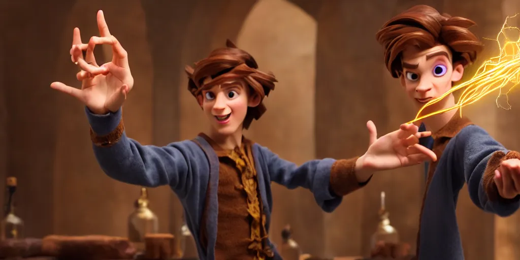 Image similar to a epic scene of a handsome young caucasian male sorcerer with brown hair casting a spell that is emanating from his hands, indoor, alchemist lab, action pose, medium shot, depth of field, sharp focus, waist up, award winning animation, pixar animation style