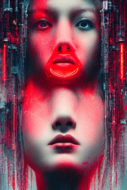 Prompt: A masterpiece portrait of a Incredibly cyberpunk geisha by Ash Thorp and Ikeuchi, red LED lights, extremely beautiful and proportionate face, sharp focus, hyper detailled, octane render, volumetric lightin