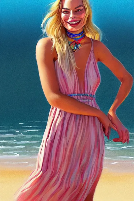 Prompt: portrait of a Margot Robbie wearing a sundress on the beach, looking at camera, D&D, choker on neck, stylish dress, long hair, intricate, elegant, stylish, cute smile, fantasy, extremely detailed, digital painting, artstation, concept art, smooth, sharp focus, illustration, ambient lighting, art by artgerm and greg rutkowski and alphonse mucha and simon stalenhag