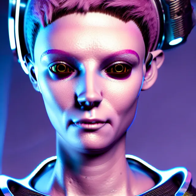 Image similar to hyperrealistic mixed media portrait of a female retrofuturistic cyber punk with a pixie cut, stunning 3d render inspired art by P. Craig Russell and Barry Windsor-Smith + perfect facial symmetry + dim volumetric lighting, 8k octane beautifully detailed render, post-processing, extremely hyperdetailed, intricate futuristic mechanic parts, epic composition, grim yet sparkling atmosphere, cinematic lighting + masterpiece, trending on artstation