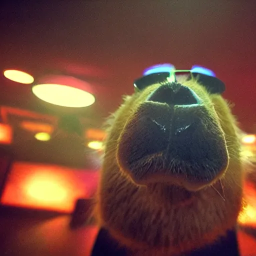 Prompt: capybara wearing shades in a night club, trippy club lighting