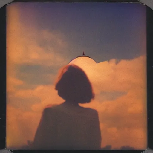 Image similar to vintage polaroid of a beautiful woman spotting a ufo in the sky, seen from behind, detailed clouds, warm azure tones, red color bleed, film grain