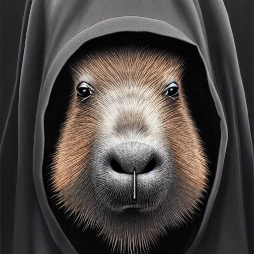 Image similar to a portrait of a capybara wearing a black hood, cloak covering face, anatomically correct, beautiful perfect face, enigmatic, oil painting, matte, black background, volumetric dynamic lighting, highly detailed, cinematic lighting, unreal engine, 8 k, hd, by beksinski