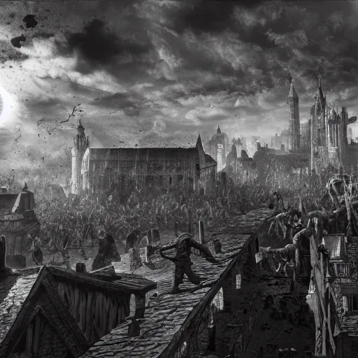 Image similar to zombies attack the medieval city in the style of kentaro miura, 4 k, 8 k, absolute detail of even the smallest details and particles, beautiful shadows, beautiful art, black and white drawing