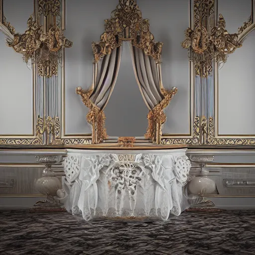 Image similar to a Gothic baroque porcelain room furnished with baroque furniture made of porcelain and white veils, explodes. trending on artstation, sensual gloomy, volumetric clouds, unreal render, depth of field