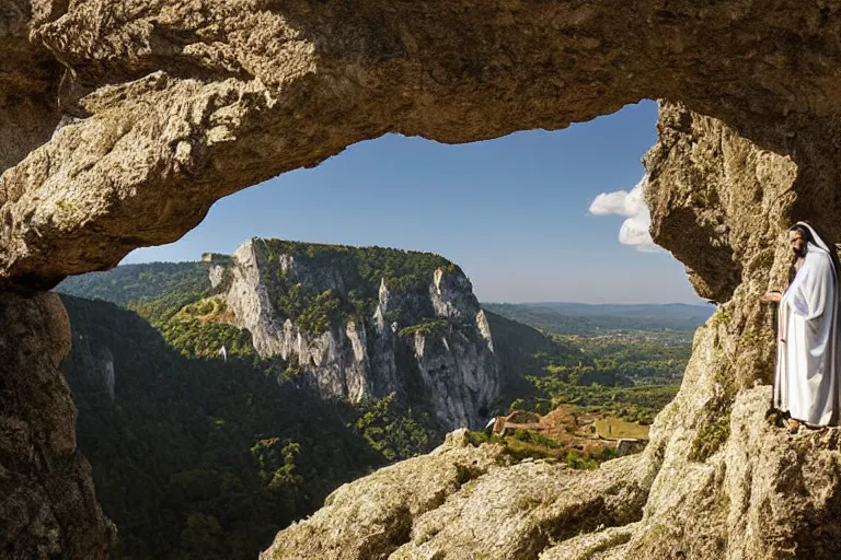 Prompt: a unique digital photo of a jesus and mary magdalene as man and wife standing on a cliff looking over a beautiful landscape in france, rennes - le - chateau, award winning photo, very detailed, very realistic cinematic