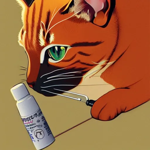 Prompt: an orange tabby cat starting at a syringe at the vet by ilya kuvshinov katsuhiro otomo