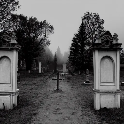 Prompt: Creepy entrance of a cemetery, grey sky