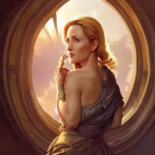 Image similar to gillian anderson, d & d, fantasy, intricate, elegant, highly detailed, digital painting, artstation, concept art, matte, sharp focus, illustration, hearthstone, art by artgerm and greg rutkowski and alphonse mucha