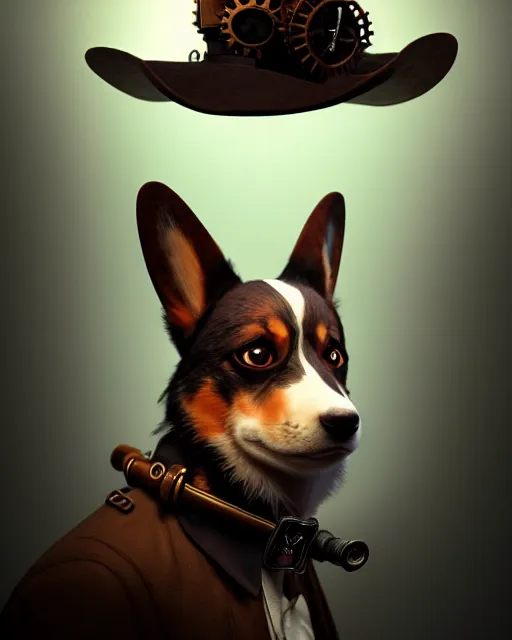 Image similar to steampunk corgi portrait, handsome, steampunk hat, detective coat, steampunk monocle, complex 3 d render by ilya kuvshinov, peter mohrbacher, greg rutkowski, ryohei hase, dramatic lighting, intricate, highly detailed, sharp focus, luminous, unreal engine, blender, artstation, masterpiece, ray tracing