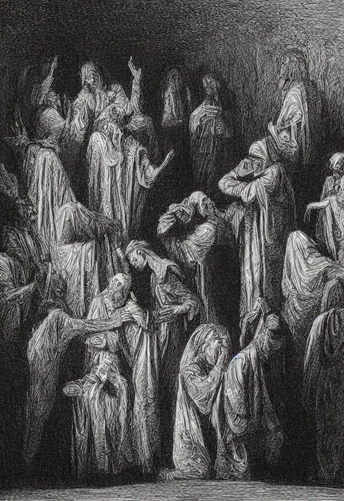 Prompt: drunken priests, creepy atmosphere, dark, portrait, very realistic, illustration by gustave dore