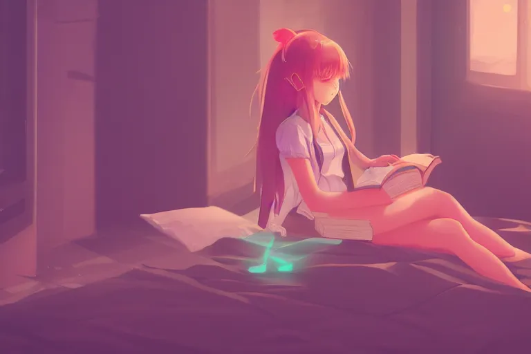 Image similar to a cute anime girl reading a book on a cloud relaxing, misty, glows, digital art, hazy, foggy, ambient lighting, 8 k, neon, synthwave,