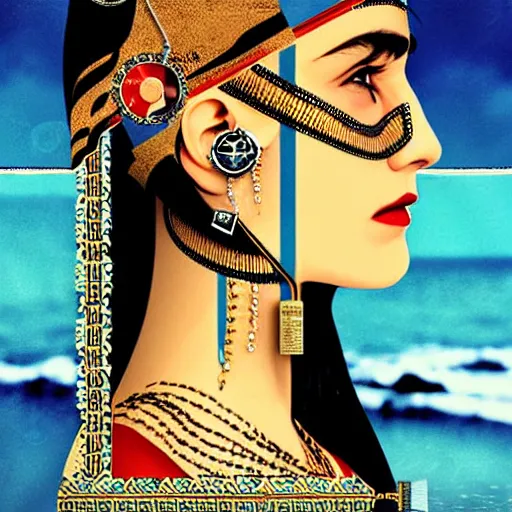 Image similar to portrait of chitral woman :: side profile :: in ocean :: clockwork details :: gold :: blood and horror :: by vikings and Sandra Chevrier