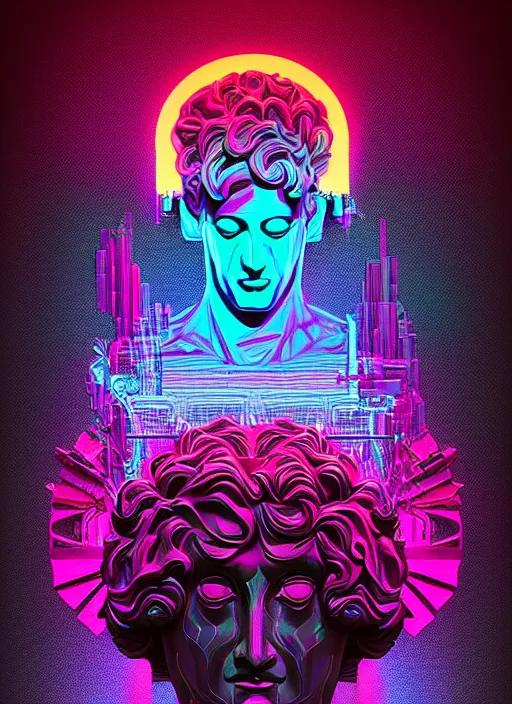 Image similar to statue of dionysus, beeple, android jones, dan mumford, vaporwave, retrowave, black background, neon wiring, black, glitch, strong contrast, cuts, pinterest, trending on artstation