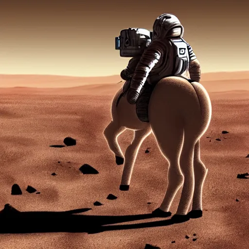 Image similar to astronaut crawls on the surface of mars with a horse on his back, digital art