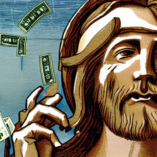 Prompt: Jesus Christ controlling banks with marionette strings, halo of dollar bills, political cartoon,