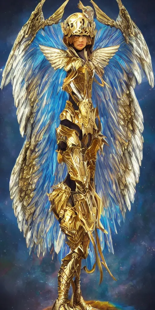 Image similar to fantasy angel warrior in armor with bright gold wings, epic flying pose, full length portrait, art, paint, fine details