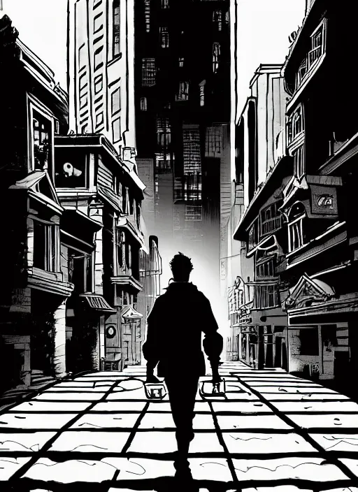 Prompt: young blonde beautiful male boy walking on a city street, mike mignola style, comics, beautiful composition, wide angle, cinematic, volumetric lighting, intricate details