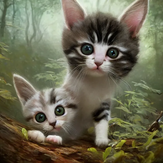 Image similar to a painting of a cute kitten in a forest. big eyes. disney character design by cory loftis, fenghua zhong, ryohei hase, ismail inceoglu and ruan jia. volumetric light, detailed, rendered in octane