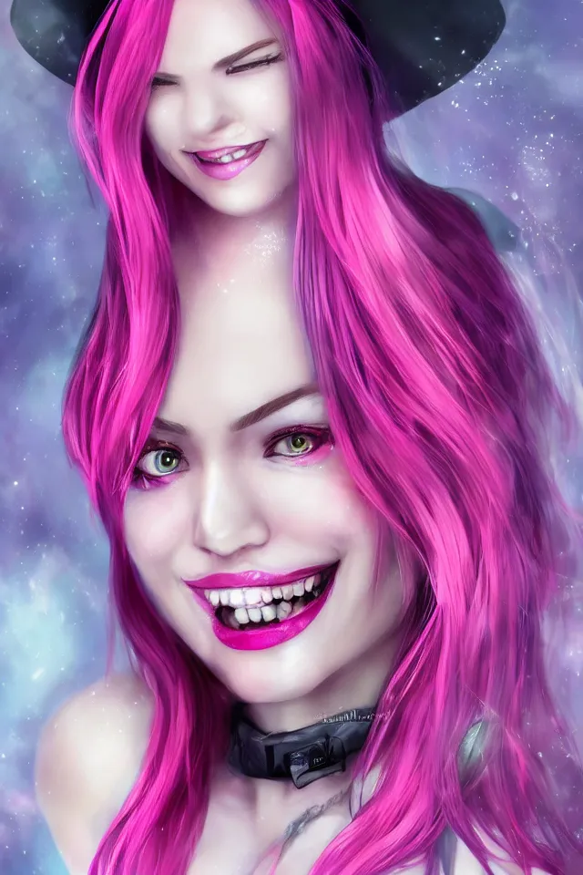 Image similar to ultra realistic portrait of a hot witch , colorful hair, pink lips, gorgeous smile, stunning, hottest, 8K resolution, deviantart,