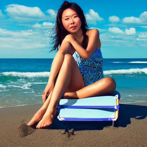 Image similar to a portrait of a young asiatic lady on a beach chair , highly perfect face, hot summertime hippie, sparky swimsuit , calm sea and beach background , sunny day, perfecly detailed, realistic portrait, perfect design, natural light