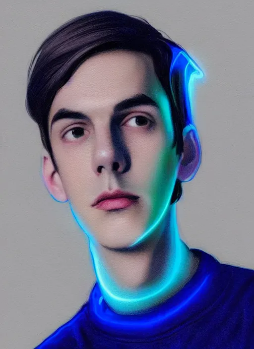 Image similar to portrait of teenage jughead jones wearing a light grey crown, crown, blue turtleneck, 1 9 5 0 s, closed eyes, photorealistic, black hair, glowing lighting, intricate, elegant, glowing lights, highly detailed, digital painting, artstation, concept art, smooth, sharp focus, illustration, art by wlop, mars ravelo and greg rutkowski