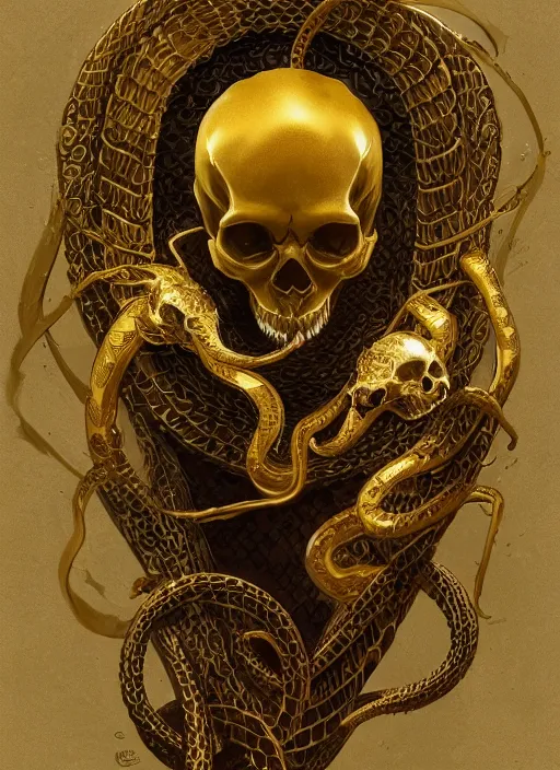 Image similar to A skull with a gold snake slithering around it, highly detailed, digital painting, artstation, concept art, sharp focus, illustration, art by greg rutkowski and alphonse mucha