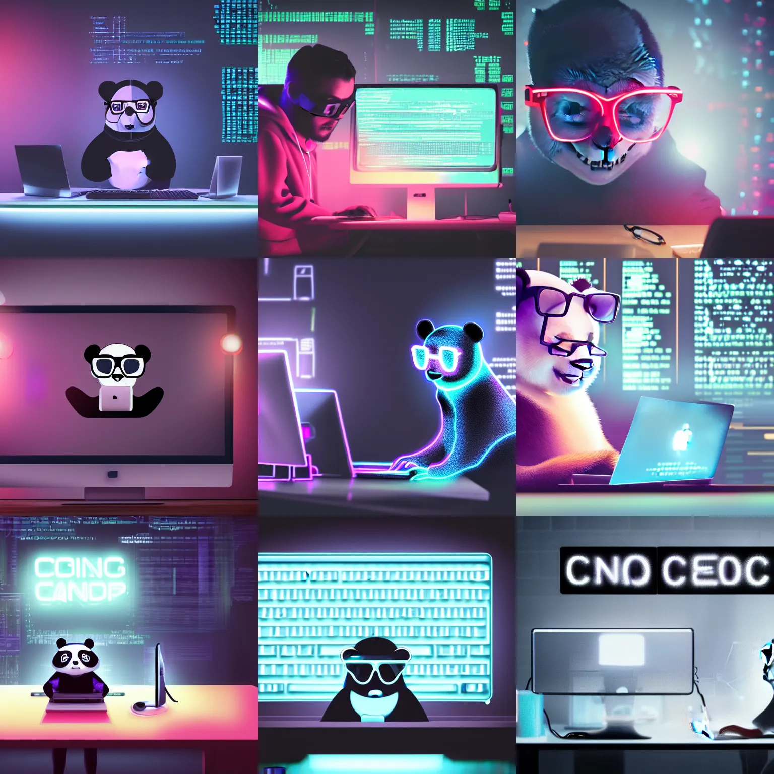 Prompt: a cute panda wearing metal frame glasses is coding in front of the computer (Mac Studio), foggy, mystery code, Cyberpunk, neon light, 4k, hd, highly detailed