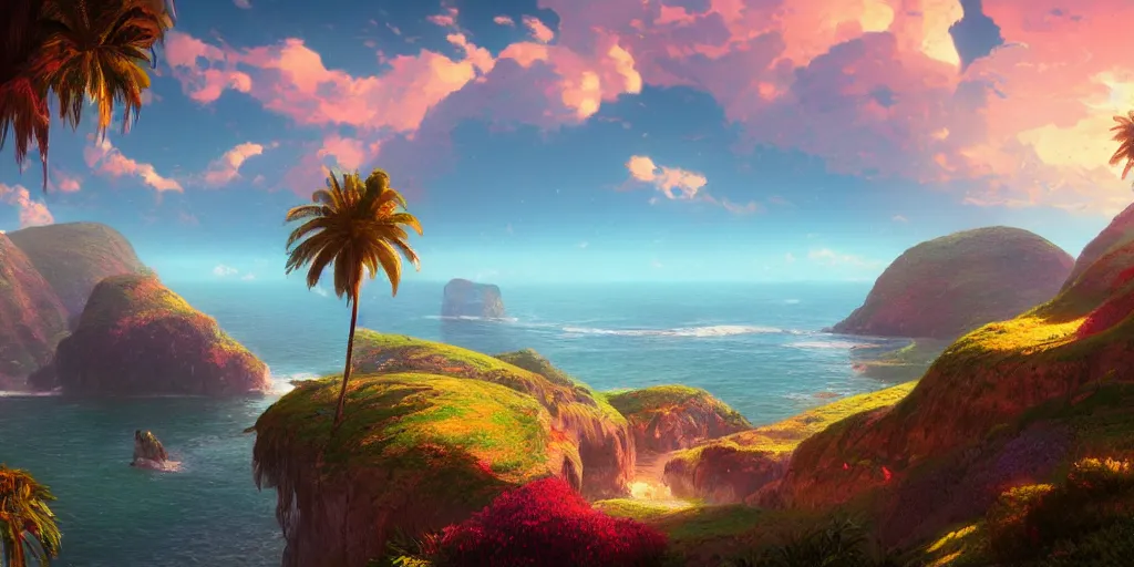 Prompt: A beautiful illustration of a breathtaking nature landscape, vivid coloes, hills, ocean, cliffs, palm trees, by Beeple, Makoto Shinkai, Thomas Kinkade, unreal engine, cryengine, Artstation