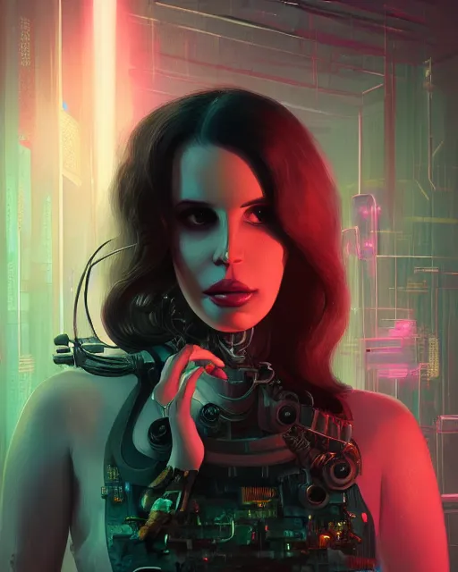 Image similar to portrait of lana del rey as a cyberpunk cyborg. roses, sci - fi, missing panels, intricate abstract, upper body, intricate artwork, by tooth wu, wlop, beeple, dan mumford. concept art, 8 k octane render, deviantart, greg rutkowski, cinematic, key art, hyperrealism, iridescent accents