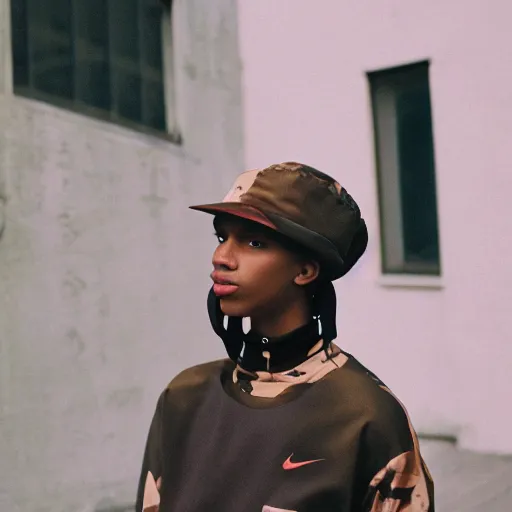 Image similar to realistic photoshooting for a new nike acg lookbook, color film photography, portrait of a beautiful woman, model is wearing a bucket hat, photo in style of tyler mitchell, 3 5 mm,