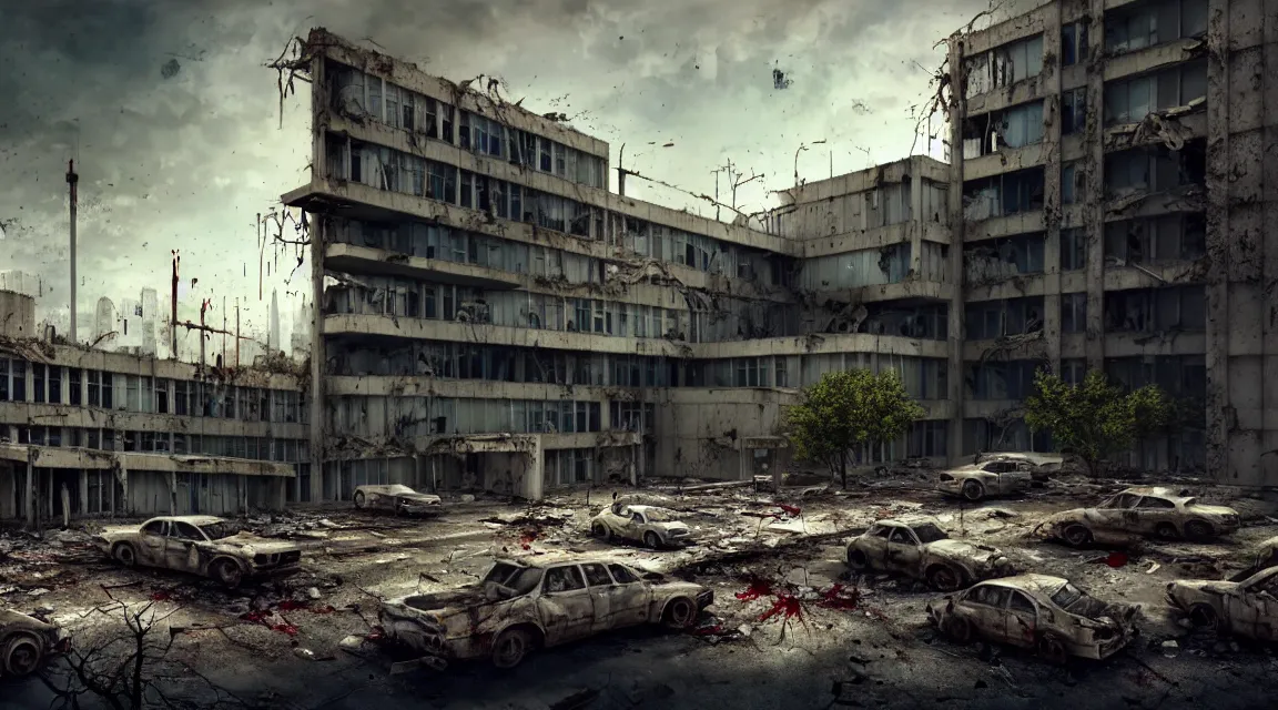 Image similar to post apocalyptic hospital building, survivors fighting, morning, building, avenue, modern contemporary urban americana concrete architecture, by pascal blanche, neil blevins, apocalyptic color palette, trending on artstation, photorealistic, wilderness ambiance, ultra detailed, high definition, depth of field, bokeh, rubble, wild vegetation, blood stains, building crumbling