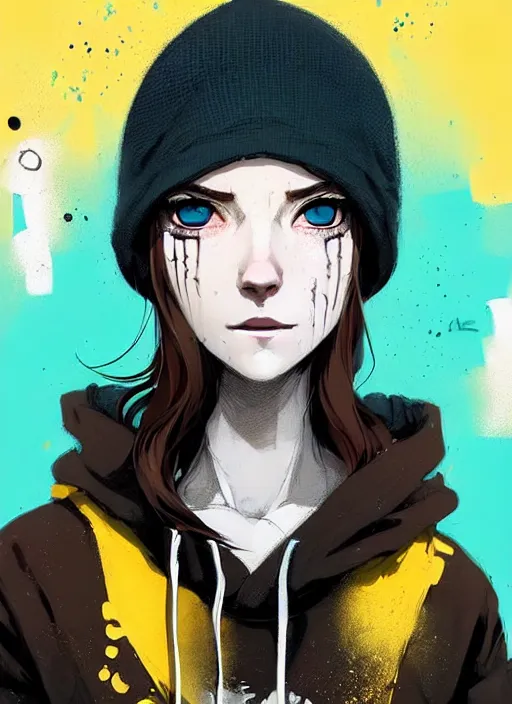 Prompt: highly detailed portrait of a sewerpunk student lady, blue eyes, hoody, beanie hat, white hair by atey ghailan, dustin nguyen, by greg rutkowski, by joe fenton, by greg tocchini, by kaethe butcher, gradient yellow, black, brown and cyan color scheme, grunge aesthetic!!! ( ( graffiti tag wall background ) )