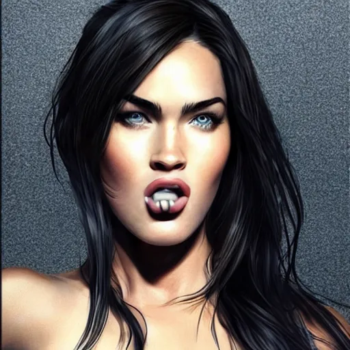 Image similar to megan fox sticking her tongue out, hyperrealistic portrait, photo realistic, poster, artstation, volumetric lighting, digital art, very detailed face, instagram photos